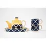 KHURJA POTTERY Microwave Safe Hand Made Painted Ceramic Tea Set with Kettle (Tea Pot) and 2 Cup Capacity of 150 ml Blue & Yellow, 3 image