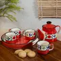 KHURJA POTTERY Handpainted Tea Kettle Set with 4 Cups & Tray Red & Blue Kettle 575 ml with 120ml tea cups (Ceramic), 2 image