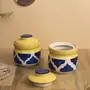 KHURJA POTTERY Hand Painted Blue & Yellow Ceramic/Stoneware Multipurpose Jar (Pickle//Ghee/Chatni/Sauces) 300ml Set of 2, 2 image