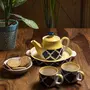 KHURJA POTTERY Microwave Safe Hand Made Painted Ceramic Tea Set with Kettle (Tea Pot) and 2 Cup Capacity of 150 ml Blue & Yellow, 2 image