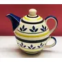KHURJA POTTERY Microwave Safe Hand Painted Ceramic Single Tea Pot Kettle Set 400 ml Blue Leaf Printed, 4 image