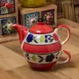KHURJA POTTERY Microwave Safe Hand Painted Ceramic Single Tea Pot Kettle Set 400 ml Red & Blue Bail Design, 2 image