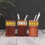 KHURJA POTTERY 'Warli Trio' Yellow & White Wooden Cutlery Holder for Kitchen | Handpainted Spoon and Fork Stand For Dining Table cum Pen Stand for Study Table (3.9 X 3.9 X 5 Inch Brown)