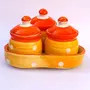 KHURJA POTTERY Pickle Jar Storage Masala Container Aachar Chutney Serving Canister Condiment Set with Tray for Dining Table (Set of 3 Yellow and Orange) Microwave and Dishwasher Safe, 2 image