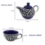 KHURJA POTTERY Ceramic Tea Set 180 ml Cup & 380 ml Teapot Floral Printed No Strainer Serve Herbal Tea or Milk in Kettle (Blue), 4 image