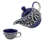 KHURJA POTTERY Ceramic Tea Set 180 ml Cup & 380 ml Teapot Floral Printed No Strainer Serve Herbal Tea or Milk in Kettle (Blue), 8 image