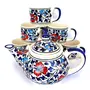 KHURJA POTTERY Ceramic Handmade Multicolour Mughal Art Print Tea Set of 7 Pieces Made in India Set of 6 Tea Cup and Tea Pot 550 ml.