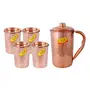 Shiv Shakti ArtsÂ® Plane Shinee Design Pure Copper Jug/Pitcher with 4 Glasses - Drinkware Set - (Capacity - 1 Liter) - 5 Pieces Set