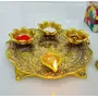 German Silver Hand Engraved Brass Plating Pooja Thali (Diameter 9) 3 Bowls Set & 1 Diya Set of 5 Items Golden Color