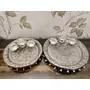 TIBETAN SILVER ENGRAVING PRODUCTS German Silver Hand Engraved Heavy Pooja Thali (Diameter 10.5") with Full Ghungru Layer And Elephant Legs Stand- Silver Set of 4 Items, 2 image