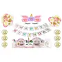 My Party Store Happy Brthday Banner Bunting with 5 Piece Unicorn Balloons and 5 Pieces Golden Confetti Balloons Combo for Unicorn Theme Brthday Party Decoration for Girls